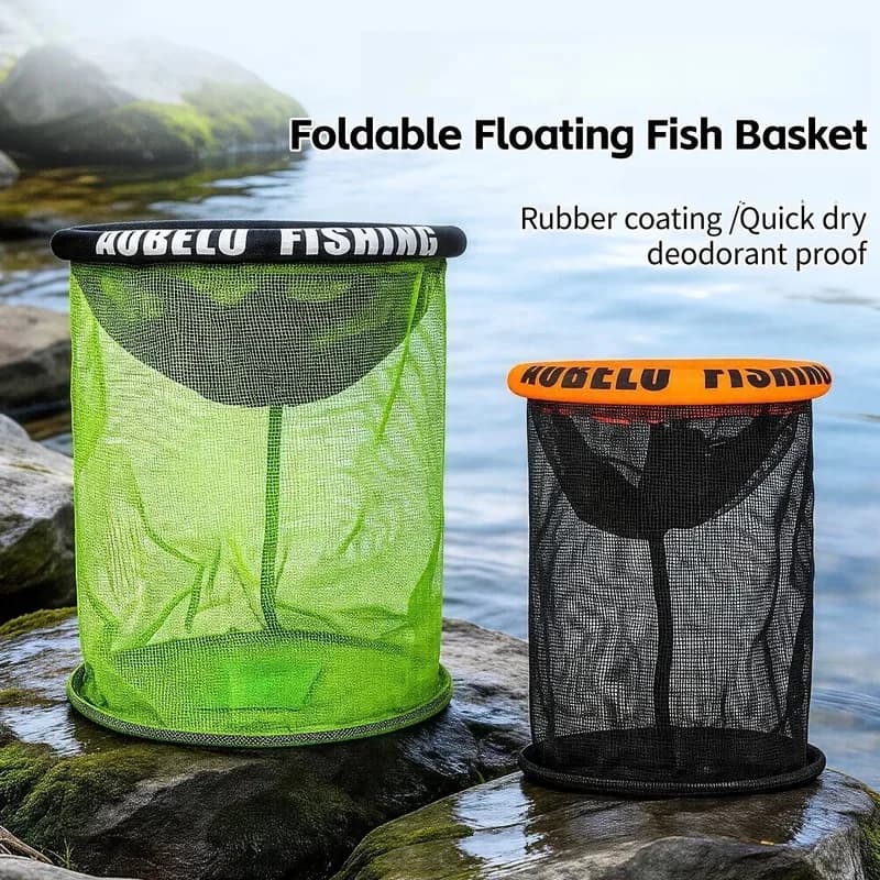 25cm/35cm Durable Mesh Foldable Fishing Basket Bait Container Drawstring Closure Round Floating Basket Collapsible Live Fish Net