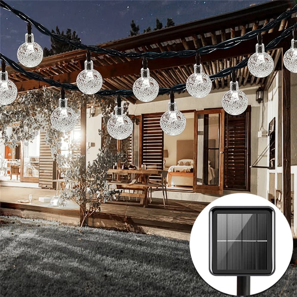 Luci a stringa a LED con globo di cristallo solare, 60 LED, 8 modalità di illuminazione, IP65, luci fatate, ghirlanda natalizia per decorazioni da giardino e feste