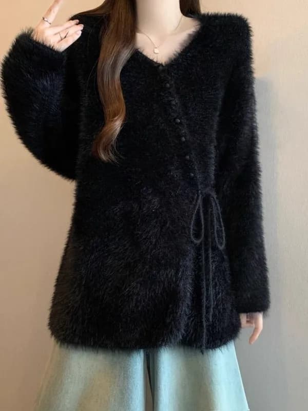 Black Fur Knitted Sweater Women's plus Size Belted Waist Midi Top Spring 2026 New Style Comfortable Loose Fit Long Sleeve