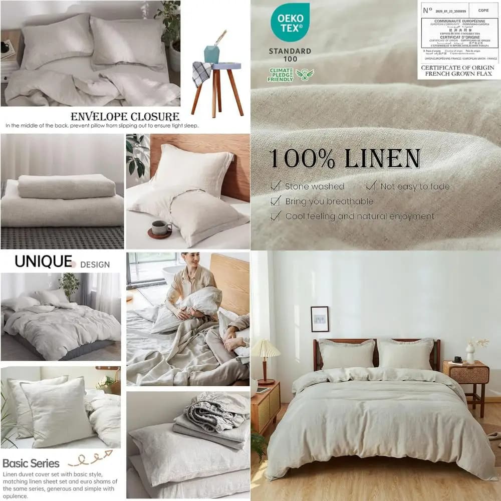 Set Copripiumino 100% Lino - Misura King, Naturale Lavato alla Francese, Traspirante, Chiusura con Bottoni