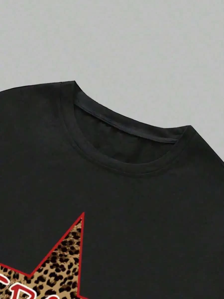 Mens Leopard Star Graphic Round Neck Casual Summer Black T-Shirt