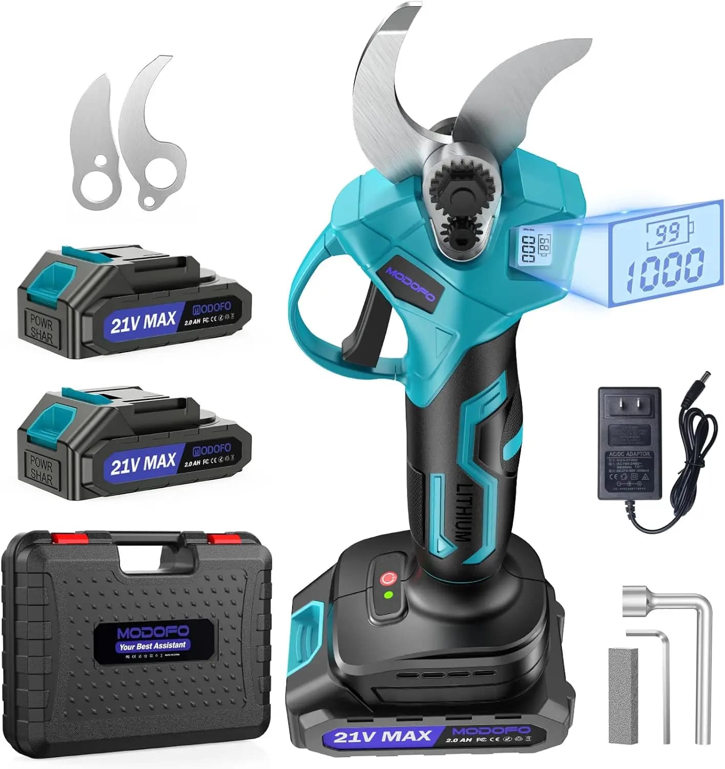 Forbici Elettriche per Potatura, Taglio 1.4'', Senza Fili, Motore Brushless, 2 Batterie da 2.0Ah, Display LCD, Lama Extra