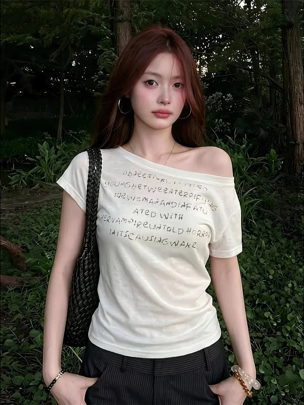 plus Size Spicy Girl Style White Shoulder Printed Short Sleeve T-Shirt Women's Summer Slimming Concealing Top Korean Style Co...