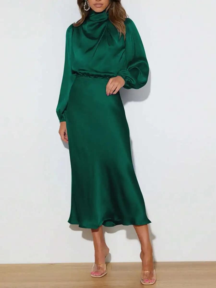Satin High Collar Long Sleeve Elegant Evening Dress For Cocktail Party Bridesmaid Prom