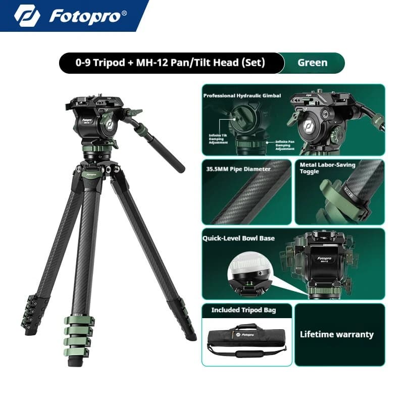 Fotopro Origin O9+MH-12 High-End Carbon Fibre Tripod with Hydraulic Pan-Tilt Head for Large-Format Cameras