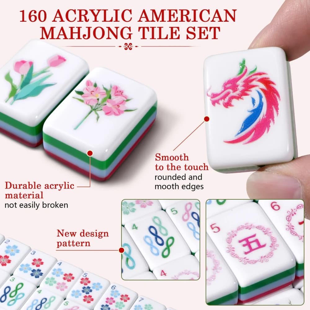 New 160pcs American Mahjong Set Acrylic Engraved Tiles Hand Shuffling Mah Jongg Travel Sets for Family Board Games Social Club