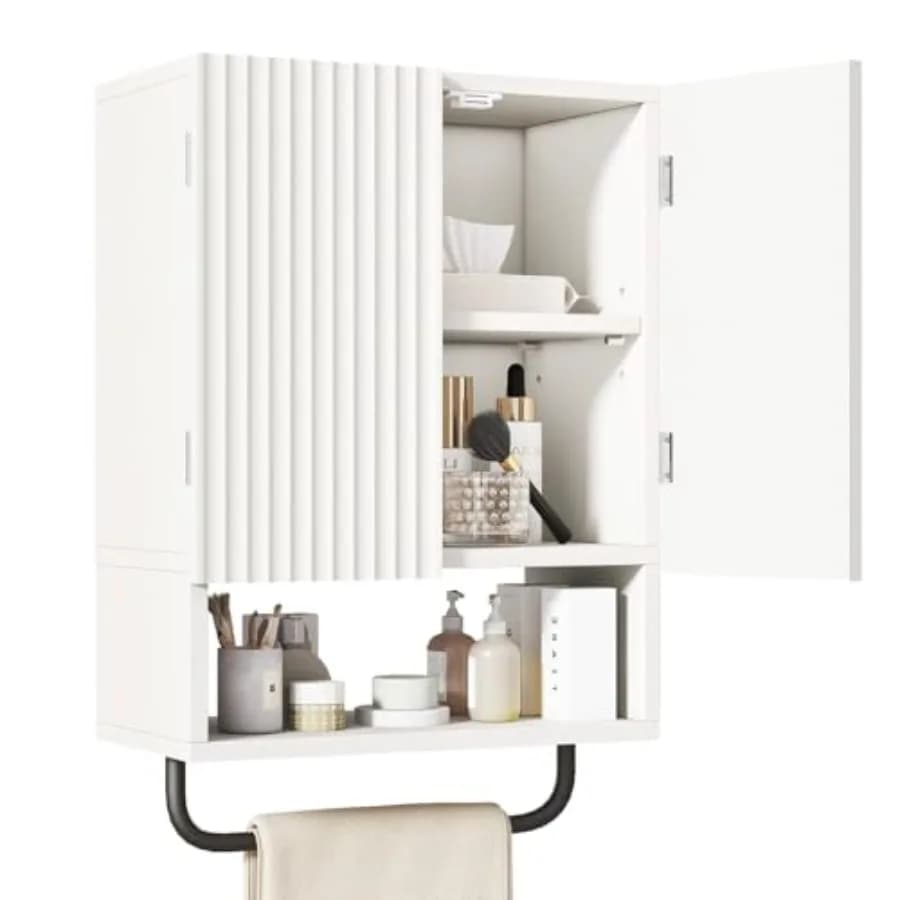Armadietto da parete per bagno, piccolo armadietto porta medicinali con portasciugamani, mobiletto da bagno sopra il WC con ripiano regolabile