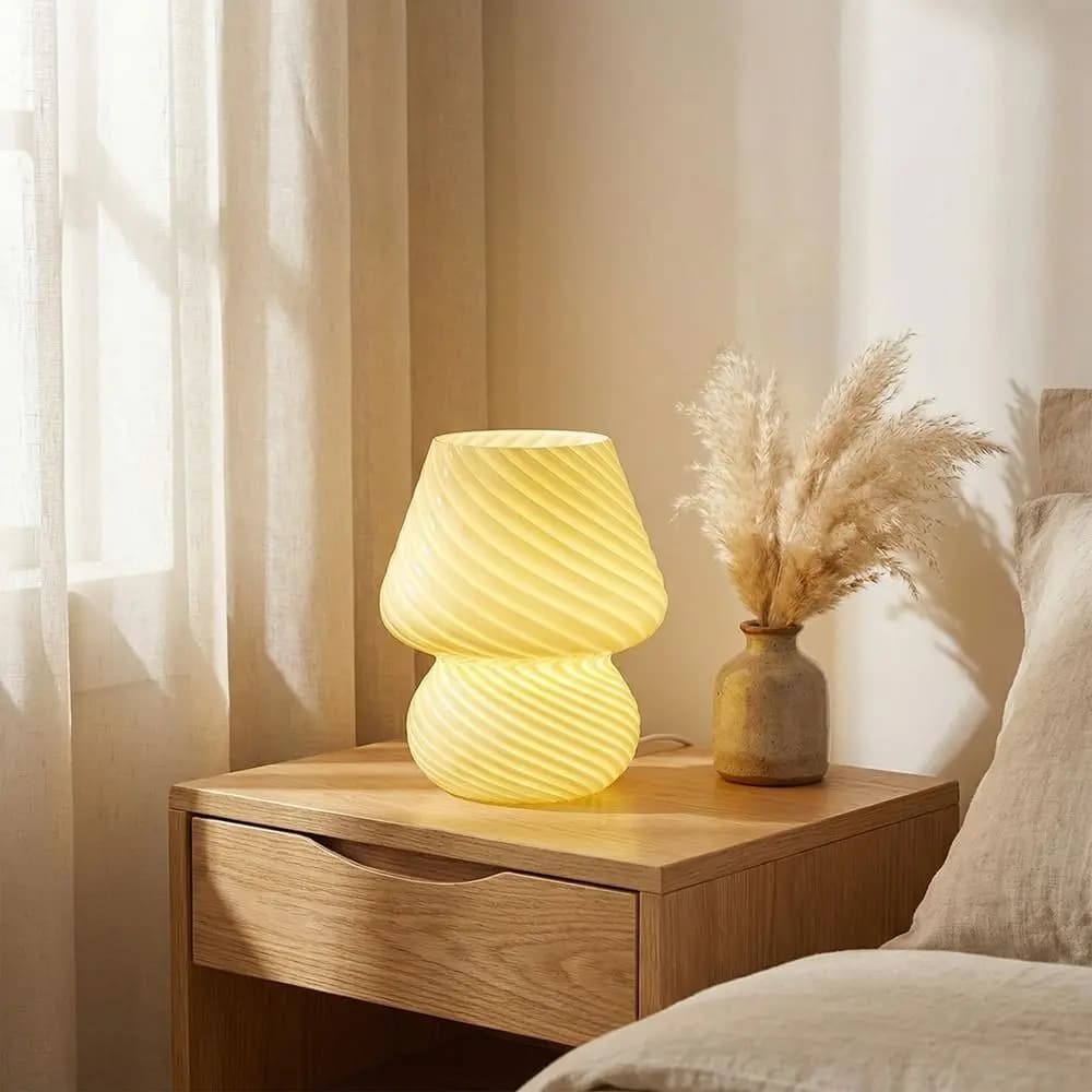 Lampada da Tavolo Stile Ins, Lampada LED a Forma di Fungo, Lampada da Comodino in Vetro, Lampada Notturna Trasparente a Strisce per Camera da Letto