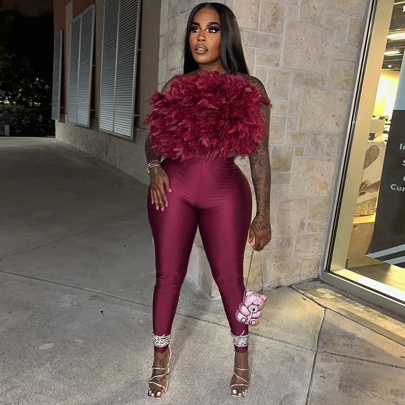 Doyerl Night Club Party Birthday Outfits for Woman 2 Piece Set Y2K Feathers Strapless Crop Top and Pencil Pants Matching Sets