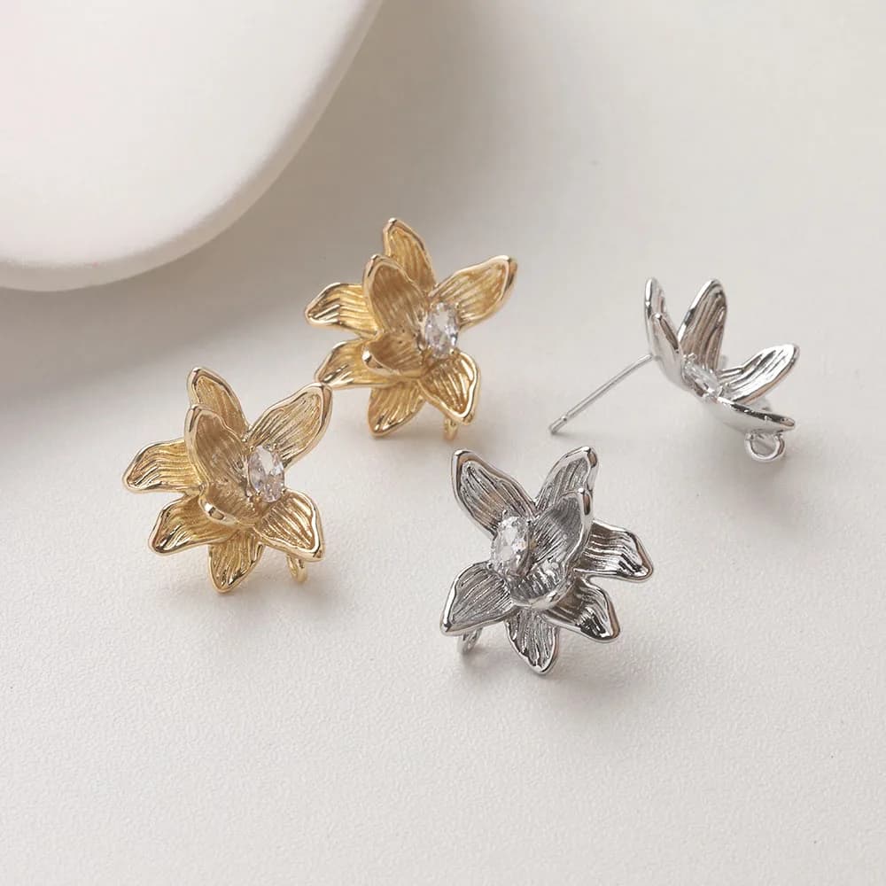 4 pcs button earrings with delicate flower for jewelry creation diy supplies handmade brass 14k 20*20.5mm accessories