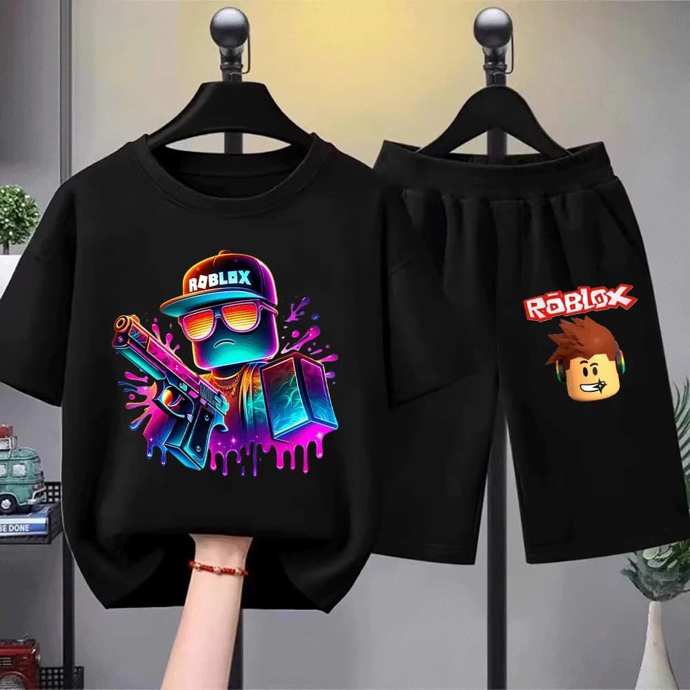 Cool ROBLOX Themed Kids T-Shirt Set with Neon Gun and Splash Design for Boys and Girls Summer Kdis Fashion Suit