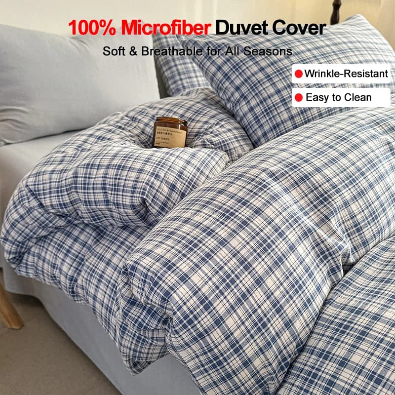Plaid Style 100% Microfiber Duvet Cover 1Pc, Ultra Soft Breathable, Fade Wrinkle Resistant with Corner Ties, Aesthetic Decor