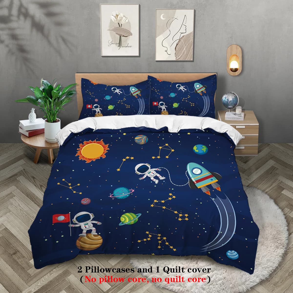 Starry sky, space planet, 3 piece astronaut pattern print (1 headdress + 2 pillowcases, without soul) Comfortable set of bedding