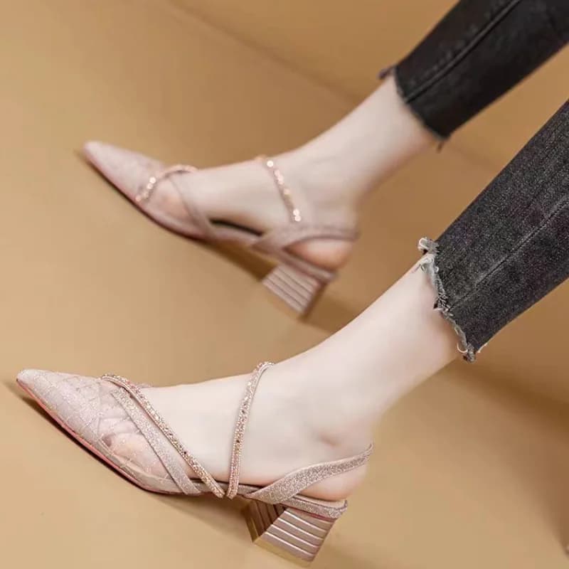 Sandali da donna con punta a punta in rete con strass stile francese, tacco medio spesso, punta chiusa, senza schienale, versatili, scarpe romane da ufficio