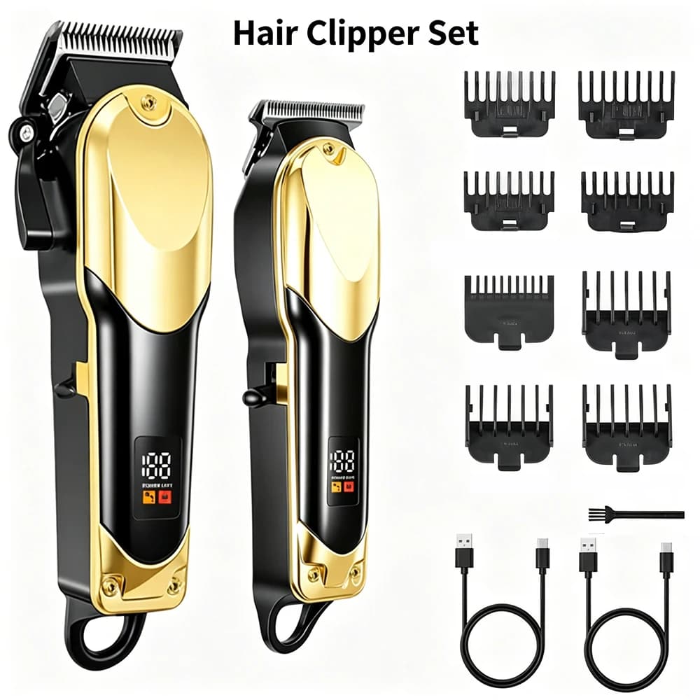 Cordless Barber Hair Clipper Kit LCD Display Stainless Blade Men Fading Beard T-Outline Trimmer Salon Home Cutting