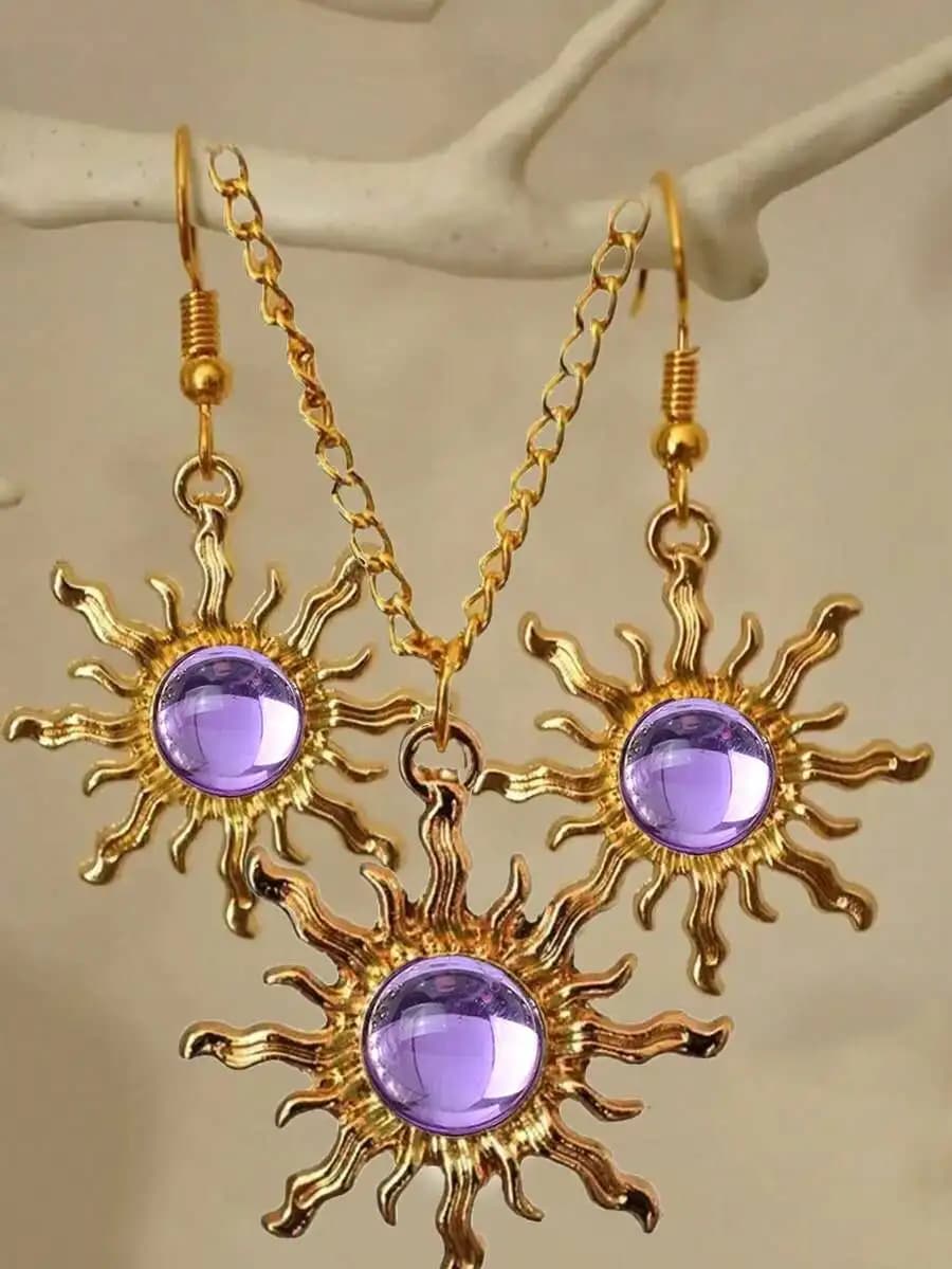 3pcs Bohemian Style Sun Pendant Necklace And Earrings Set For Women