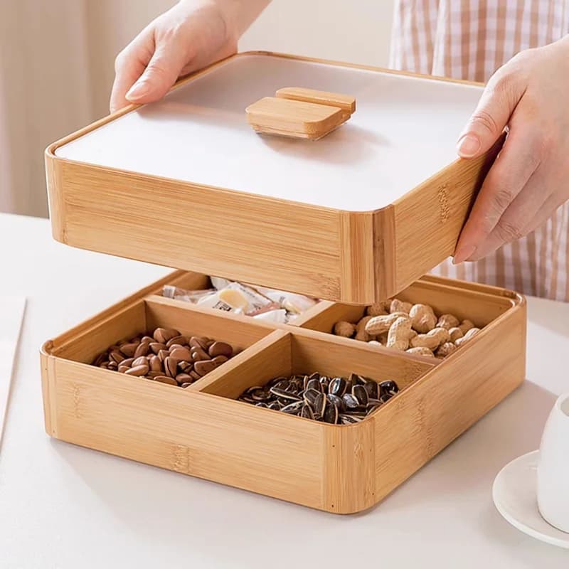 Vano per snack, coperchio in legno, coperchio in acrilico, portaoggetti quadrato in legno, vassoio per frutta secca a 2 livelli, organizer per snack da tavolo
