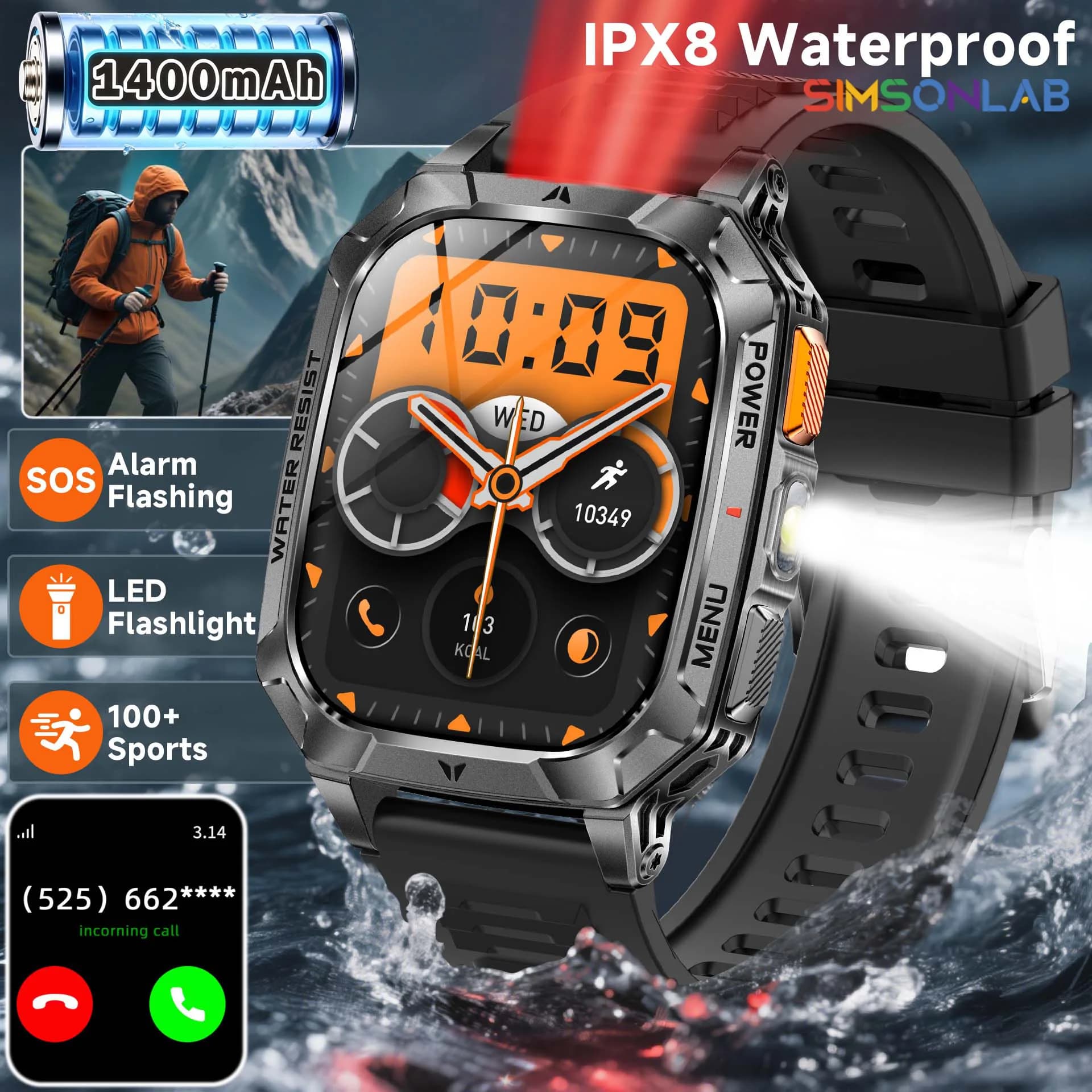 New Smartwatch 1400mAh Battery 2.01 Inch HD Screen IPX8 Deep Waterproof IOS Bluetooth Call Multiple Outdoor Sports Modes for Men