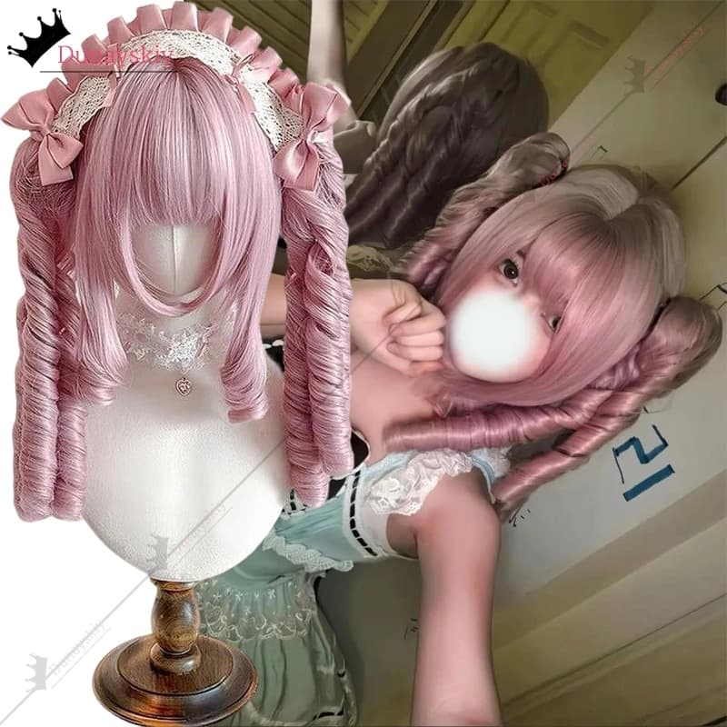 Parrucca Cosplay Halloween Harajuku Y2K ROSA Lunga a Doppia Ricciolina con Coda di Cavallo, Parrucca Anime Principessa Lolita per Giochi di Ruolo, Ornamento Fai da Te, Set Carnevale