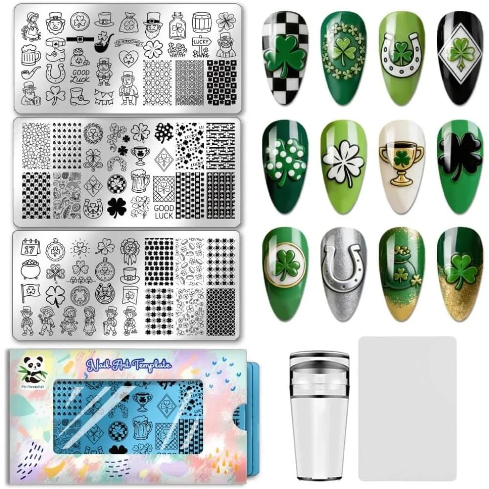3pcs St. Patrick's Day Nail Stamping Plates Lucky Shamrock Clovers Nail Art Templates Stainless Steel Image Plate Stencils