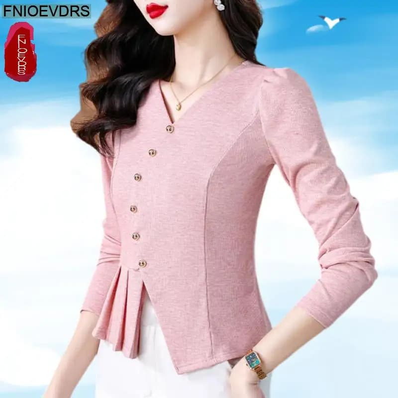 Camicie da donna da ufficio 2025 Abbigliamento basic primaverile da lavoro da donna Design francese Manica lunga con bottoni Nappa con volant Camicia Peplo Top Camicette