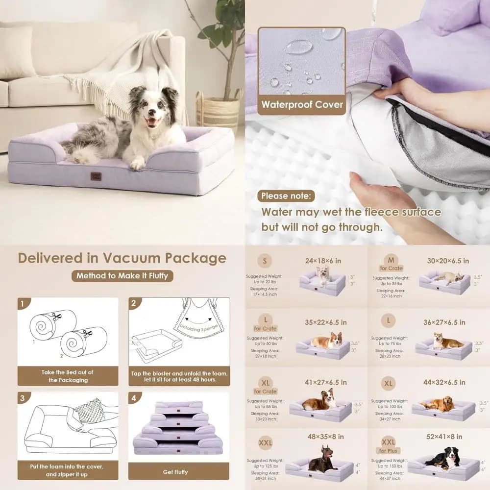 Cuccia per cani XXL impermeabile in memory foam con sponde, base antiscivolo, rivestimento rimovibile, lilla
