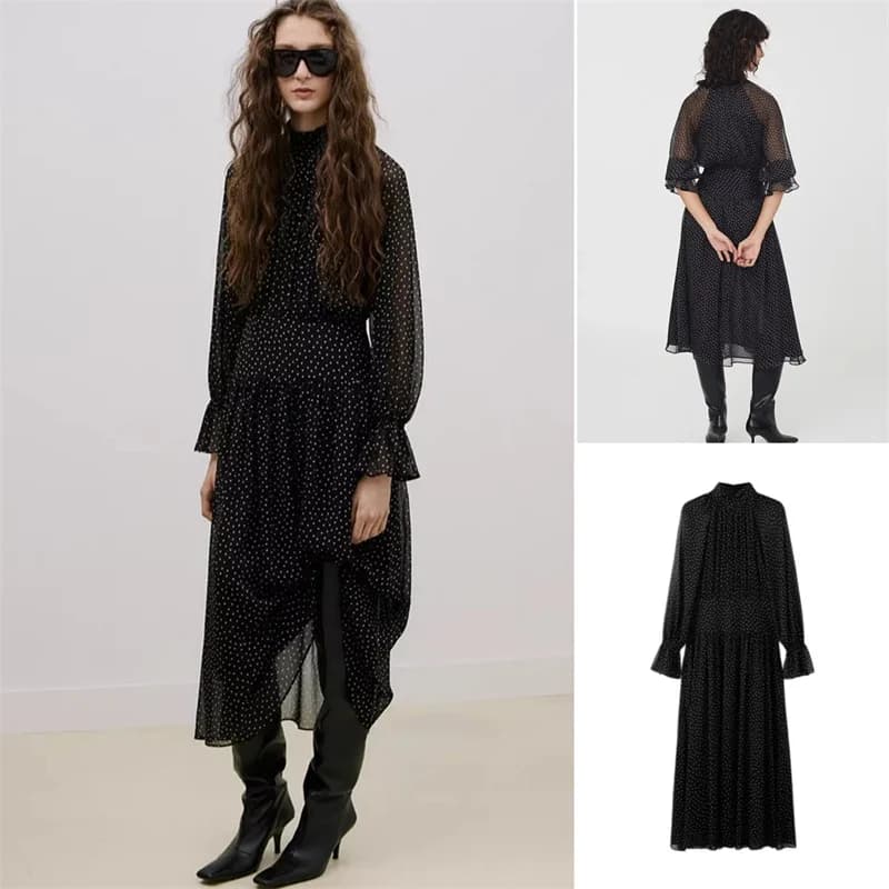 Long French Style Polka Dot Print High Collar Gathered Skirt Long Sleeve Summer Casual Loose Fit Women's Dress H Version