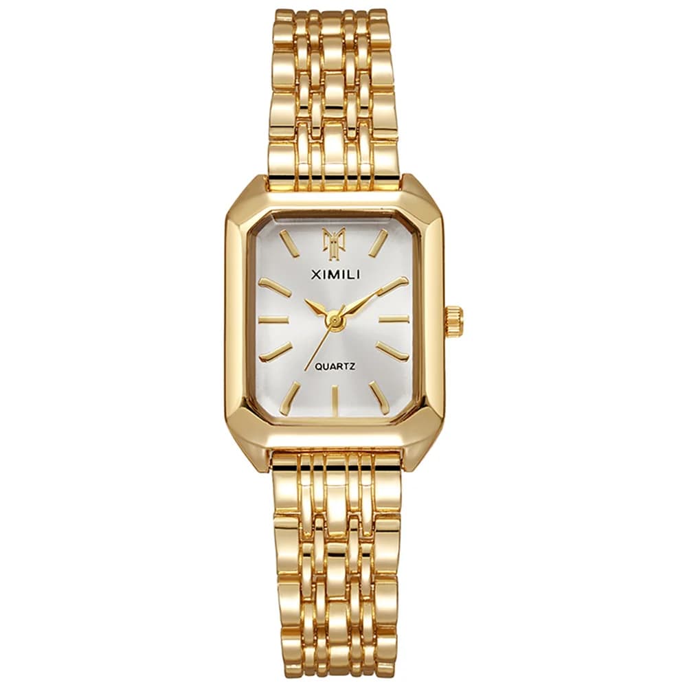 Orologio al Quarzo di Lusso da Donna, Design Semplice con Scala Quadrata, Placcato in Oro, Orologio da Polso Femminile Elegante in Acciaio Inossidabile con Chiusura Pieghevole