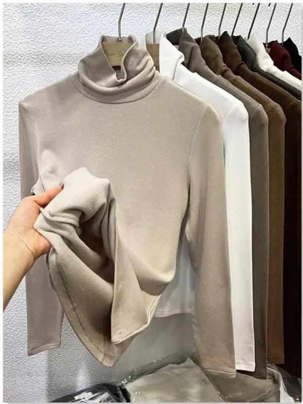 Korean Style Retro High Collar Long Sleeve Fleece Women's T-shirt Autumn Winter Thin Velvet Inner Fashionable Base Shirt Top