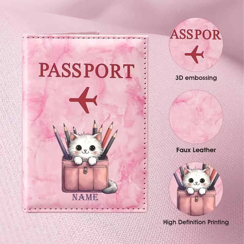 Custom Name Cute Cat Pencil Case Illustration Design PU Passport Holder, Featuring Adorable Kittens And Colorful Pencil Elements