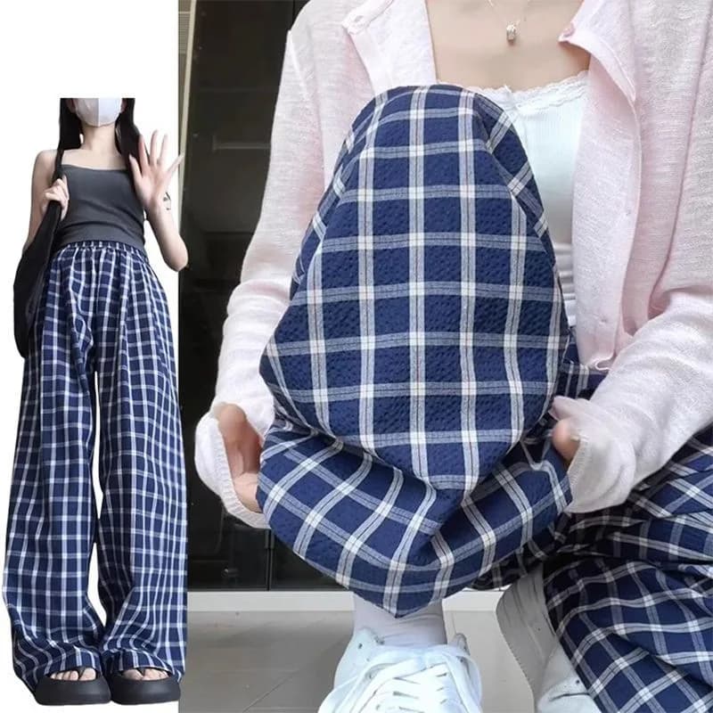 Checkered Pants Women's Autumn New High Waisted Straight Leg Pants Loose and Thin Hanging and Wide Leg Pants Pajama Pants