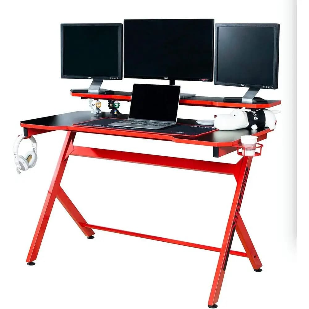 Scrivania da gioco per ufficio domestico rossa grande a forma di R con supporto per monitor rimovibile, portabicchieri, gancio per cuffie, spazio per l'altoparlante e M gratuito