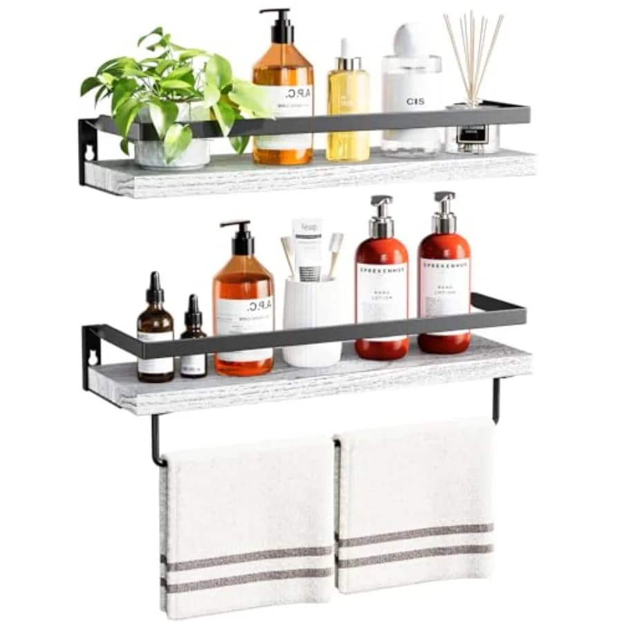 Mensole da Bagno con Porta Asciugamani, Mensole Galleggianti, Mensole da Parete per Bagno/Soggiorno/Cucina/Camera da Letto, Bianche, Set di 2 - AMF