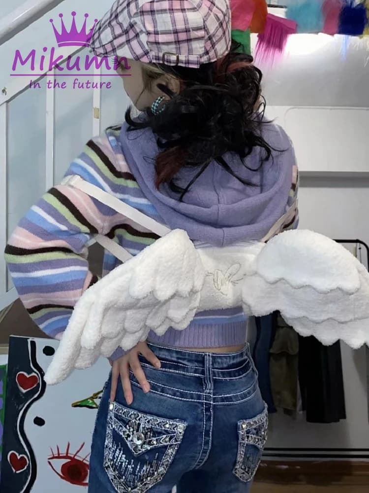 Mikumn Zaino in peluche con ali d'angelo bianche Borsa cosplay uniforme giapponese Y2k Kawaii carina Lolita JK per festa/regalo di compleanno/scuola