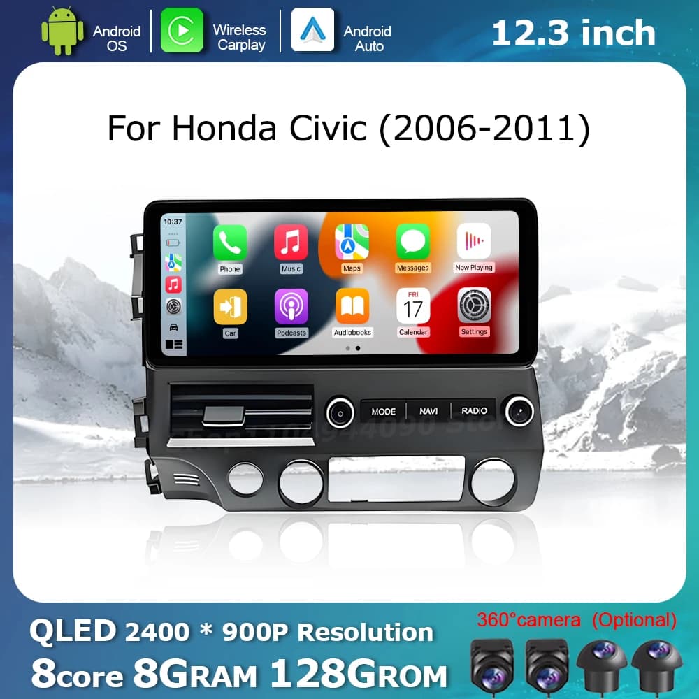 QLED display screen 2400 * 900P for Honda Civic 2006-2011 Wireless Carplay Android OS Multimedia radio player for GPS cars Navi WiFi
