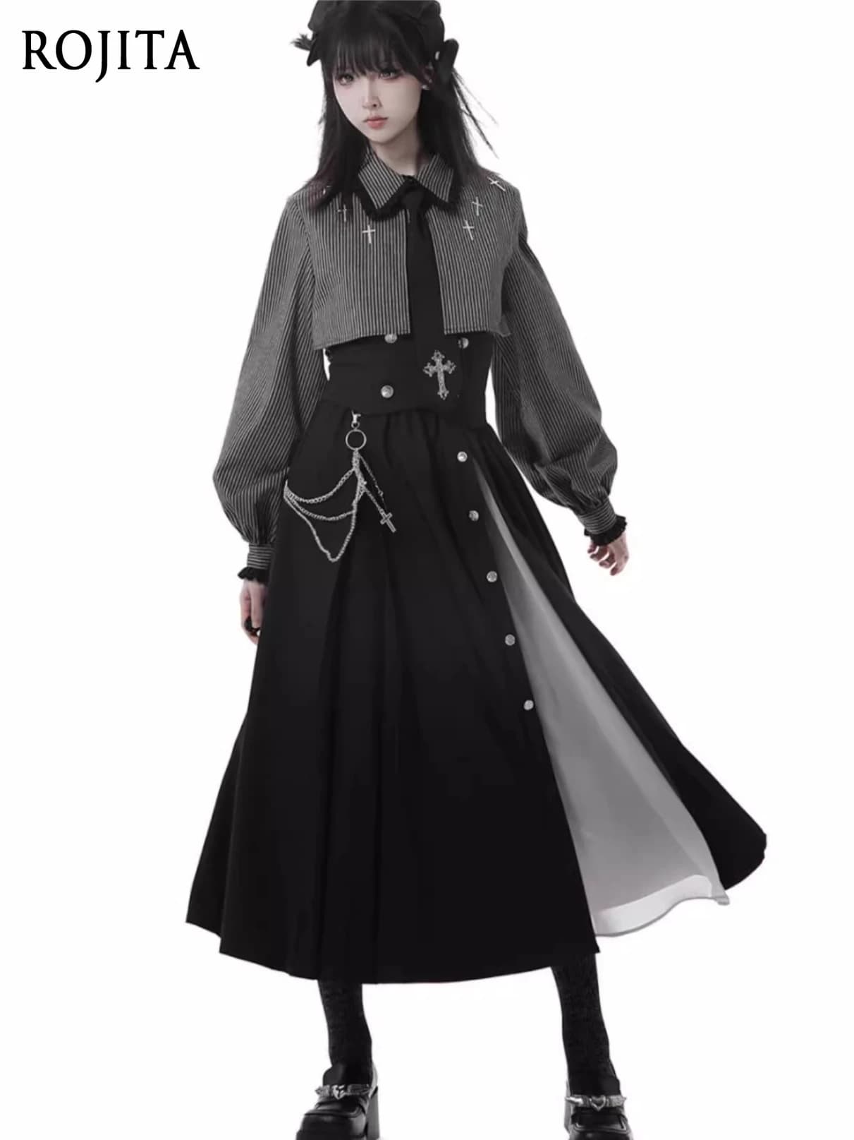 Camicia e cravatta gotica a righe Colletto polo giapponese Lanterna Manica lunga Top monopetto Gonna lunga asimmetrica Pantaloni da donna