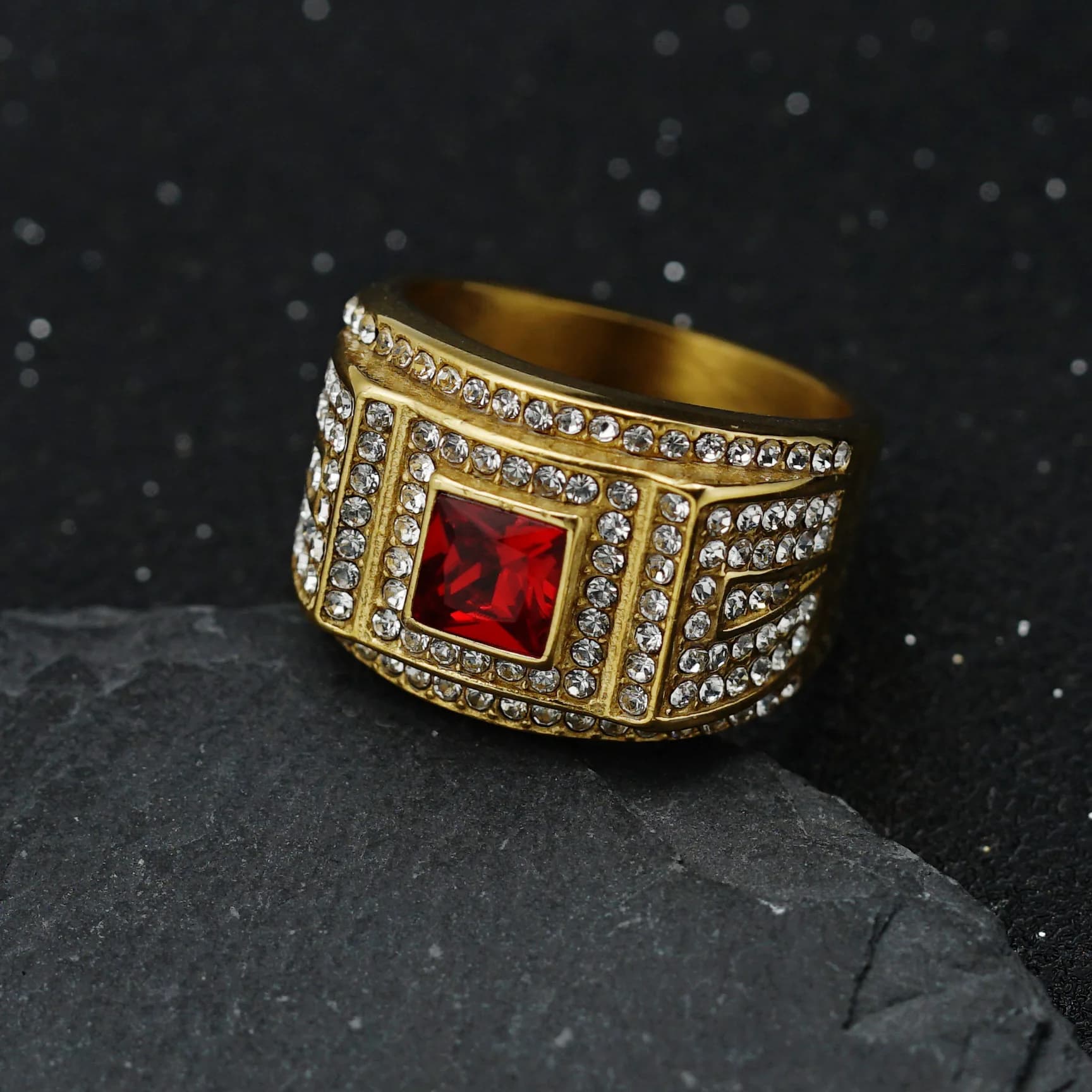 Punk Hip Hop Creative Square red black Stone Ring with rhinestone Men Women Stainless Steel Retro Rings Jewelry Gift