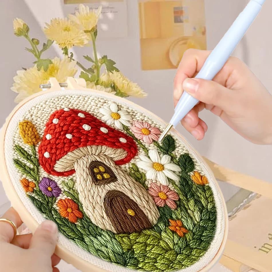 CHENISTORY Punch Needle Embroidery Home Wall Decor Embroidery Supplies Mushroom house Needle Punch Adults Crafts Diy Crafts