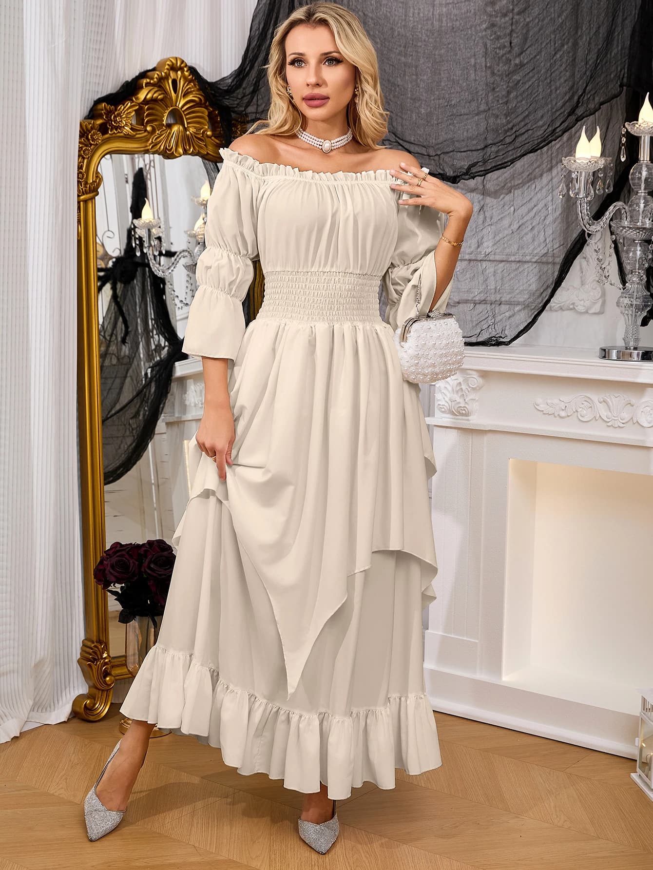 Beige Off Shoulder Ruffle Maxi Dress Smocked Waist Layered Irregular Hem Flare Sleeve Party Dress
