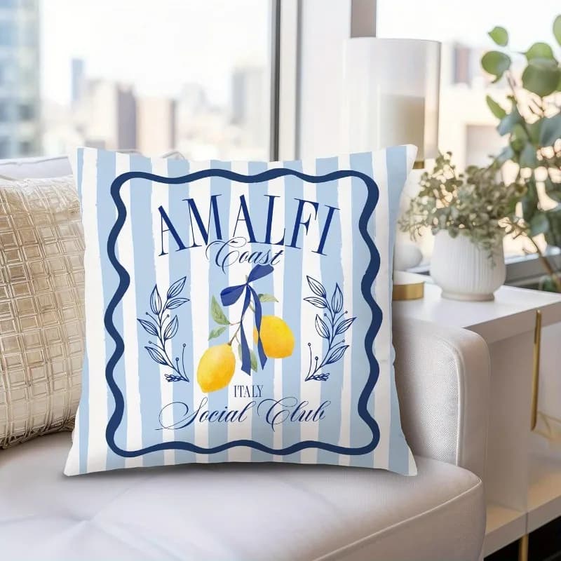 Federa per cuscino in peluche corto “Amalfi Coast Lemon” 18x18 pollici, stampa fronte-retro, con cerniera, decorazione estiva mediterranea