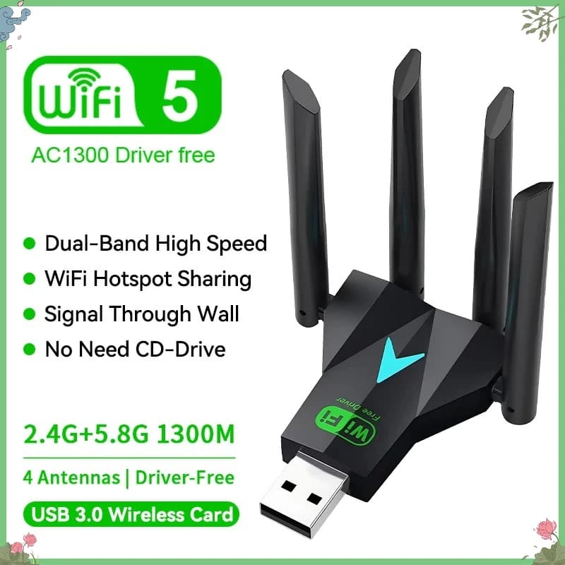 Adattatore USB Wi-Fi Dual Band 1300Mbps 2.4G/5Ghz, Dongle USB3.0 802.11AC con 4 Antenne, Ricevitore Wireless per PC/Laptop Senza Driver