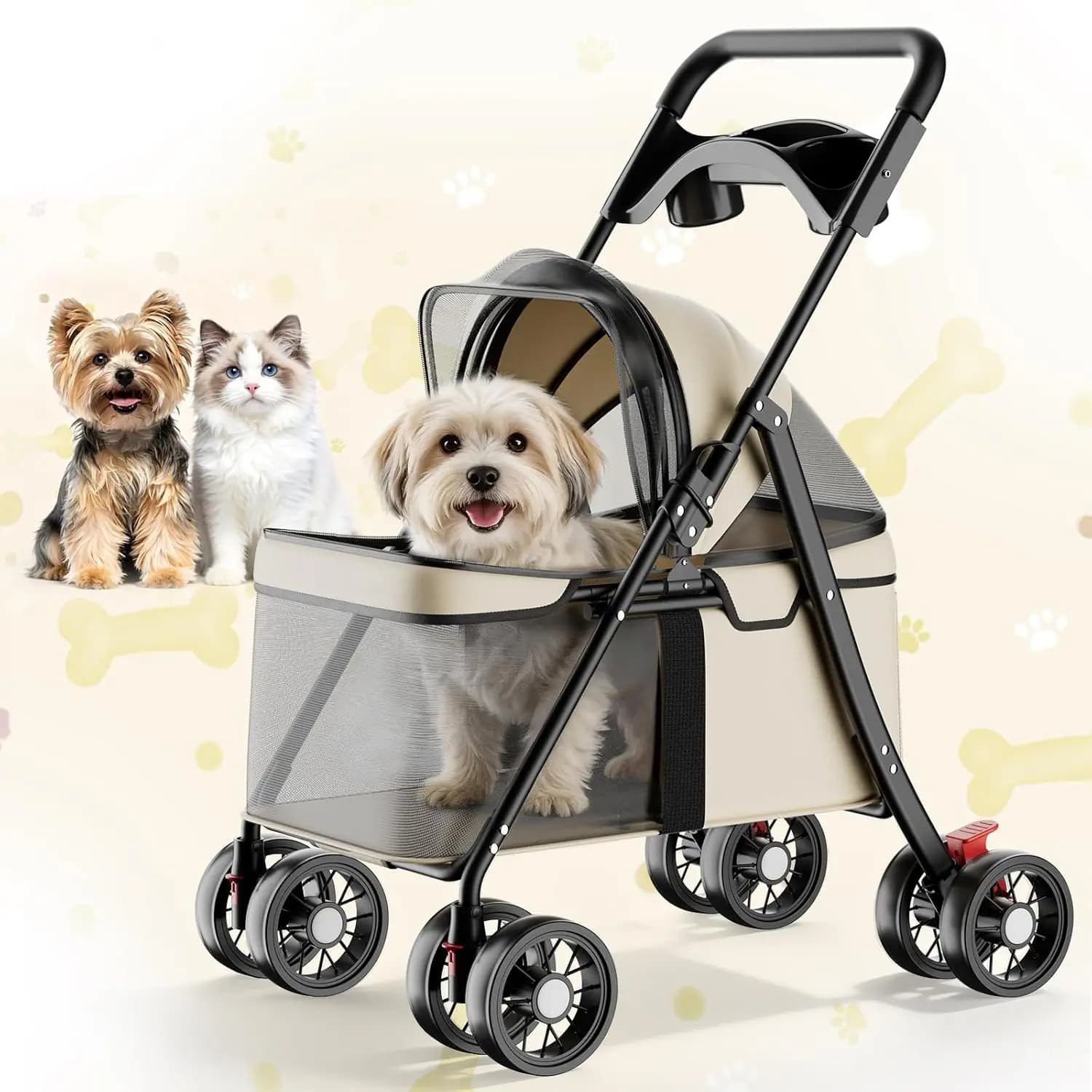 Foldable Pet Stroller for Small Dogs and Cats, Holds Up to 33 lb, 4-Wheel Stroller with 2 Safety Tethers, Breathable Mesh, Locka