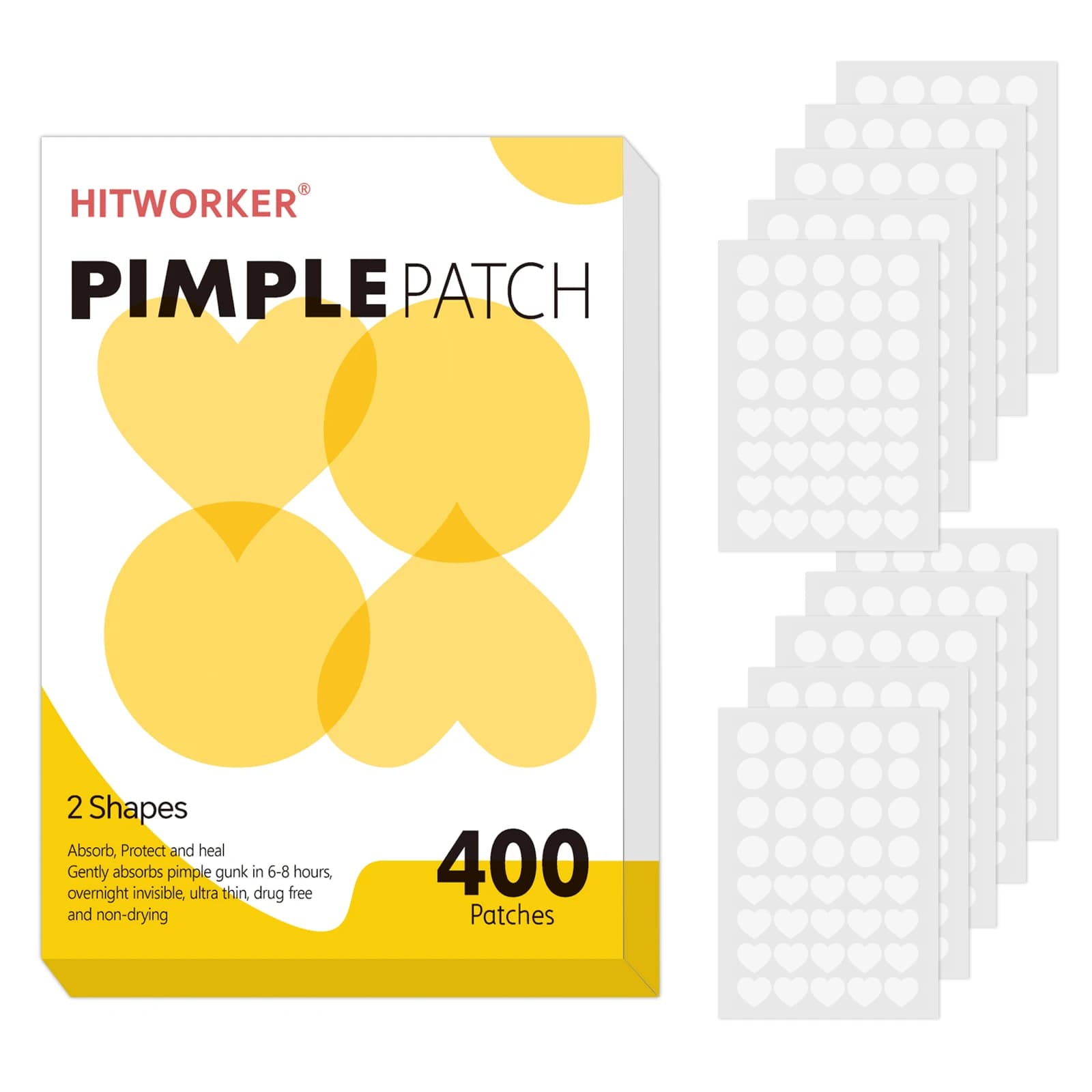 400-piece, ultra-thin and discrete heart shape hydrocolloid pimples, effectively absorb pimples.