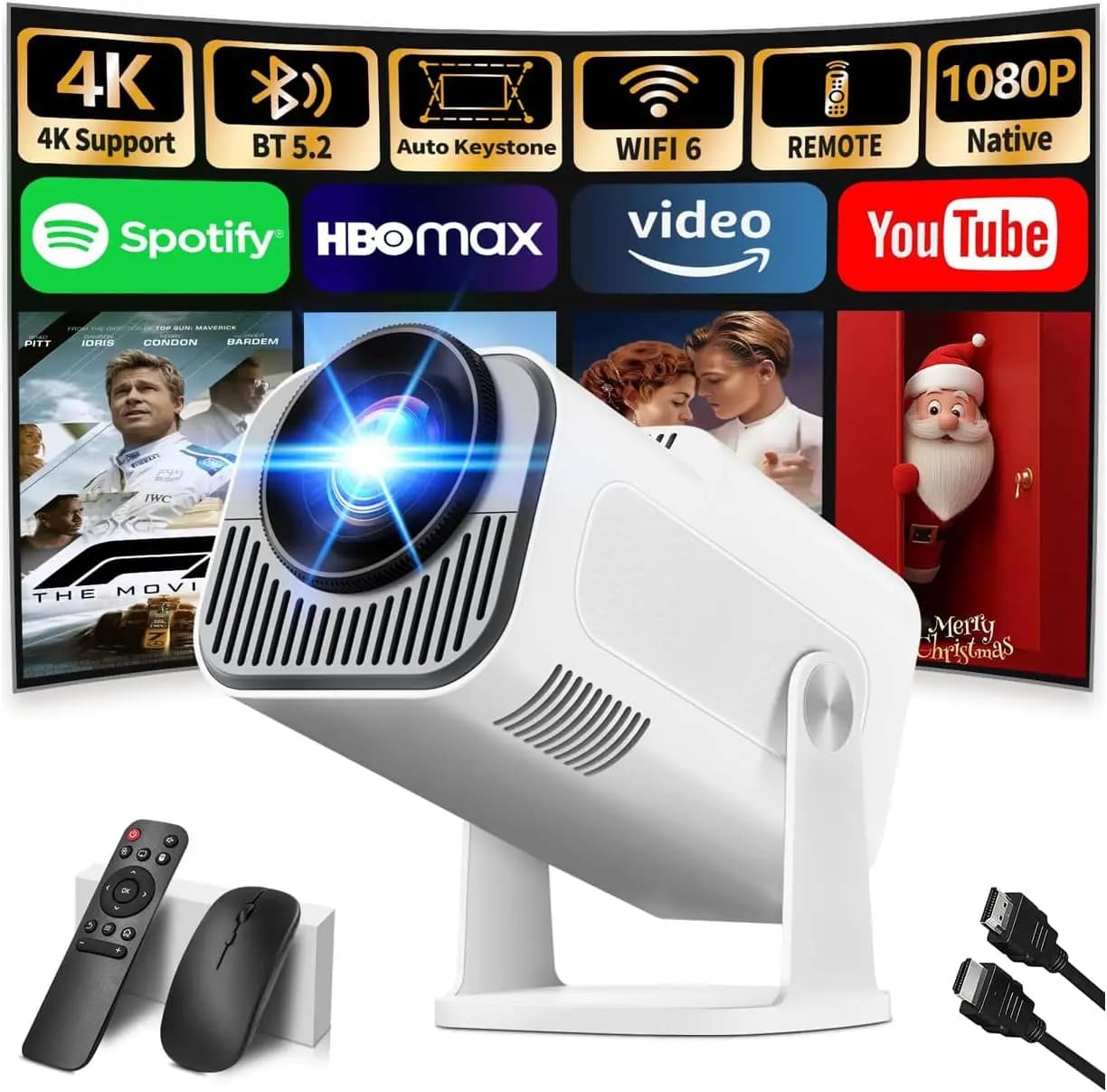 Mini Proiettore Aggiornato 2026: 4K 1080P, Correzione Automatica Keystone, WiFi 6 e Bluetooth 5.2, Compatibile con HDMI/TV Stick Portatile
