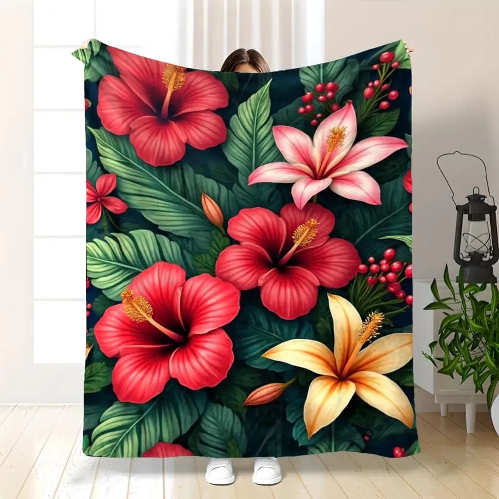 1pc Tropical Hibiscus & Monstera Leaf Flannel Blanket - Soft Cozy All-Season Bedspread or Throw, Contemporary Bedspread with Gol
