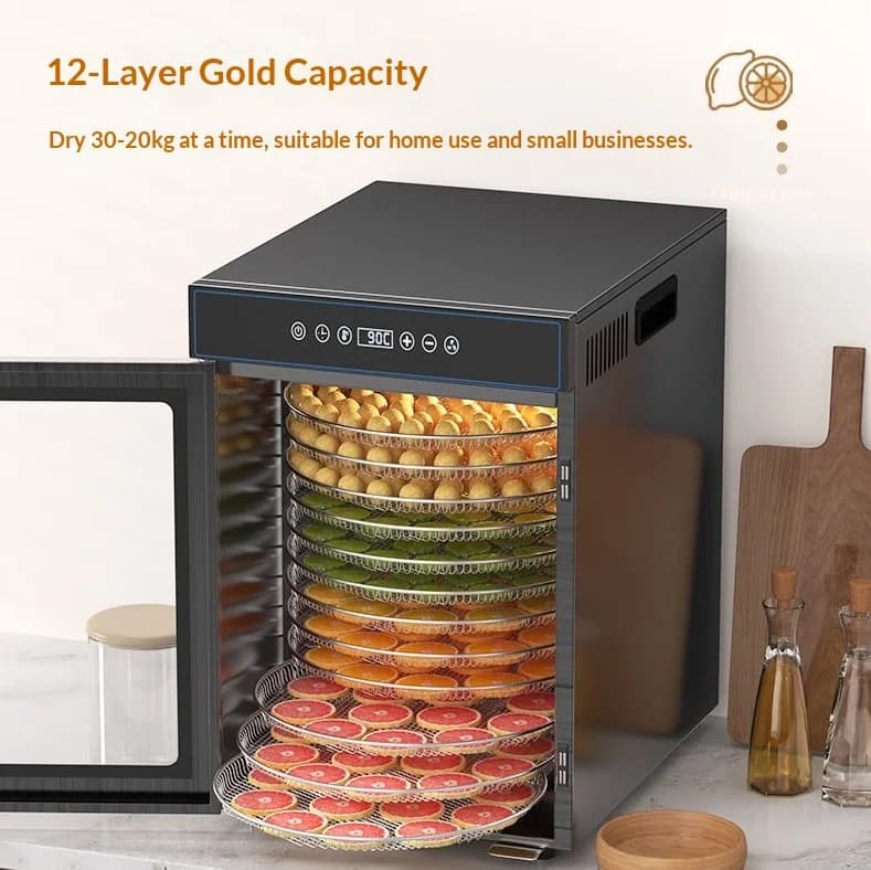 Standard Stainless Steel Electric Heating Food Dehydrator Black Color Commercial Use 12-Layer Rotating Fruit Vegetable Dried