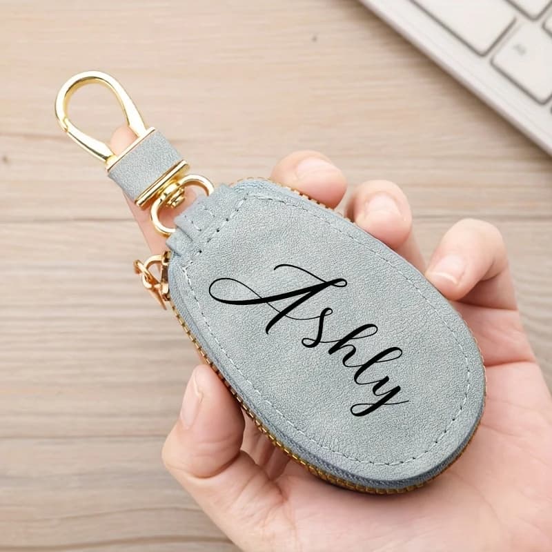 Portachiavi con testo con nome personalizzato con cerniera Organizzatore di chiavi per auto in PU per uomo Donna Compleanno Natale Regali di San Valentino