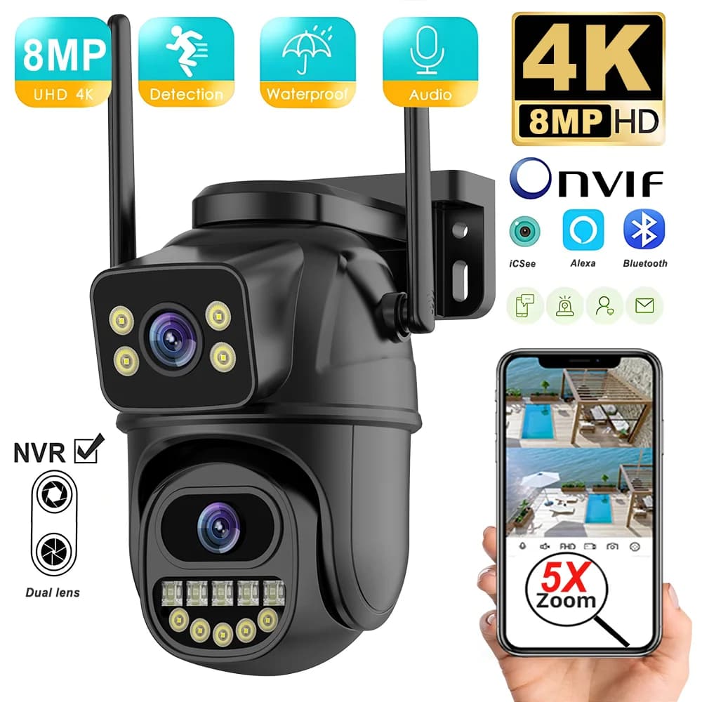 Telecamera di sicurezza 4K 8MP Zoom 5X Doppia lente Doppio schermo WiFi esterno Protezione domestica Telecamera di videosorveglianza CCTV IP PTZ da 6MP
