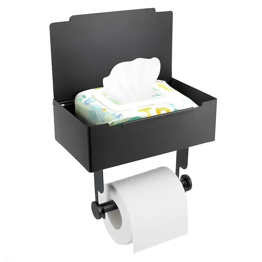 Spedizione Gratuita - Porta Carta Igienica Nero Opaco con Ripiano per Salviette Umidificate, Assorbenti Igienici, Sacchetti per Rifiuti, Salviette da Bagno