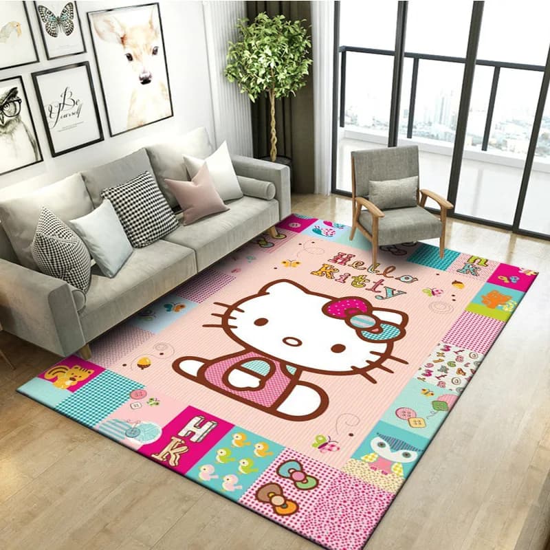 Sanrio Hello Kitty Large Area Rug Cartoon Kitty Pattern Non Slip Washable Soft Carpet Living Room Bedroom Playroom Home Decor